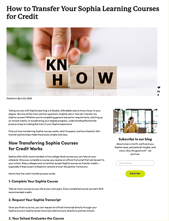 Sophia Blog - How to Transfer Your Sophia Learning Courses for Credit